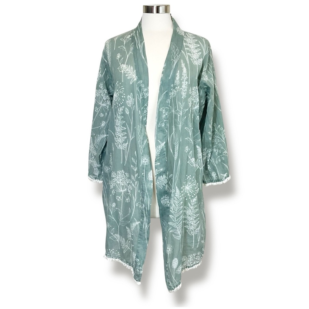 World Market Ultra Light Weight Botanical Print Cover Up Kimono with Fringe